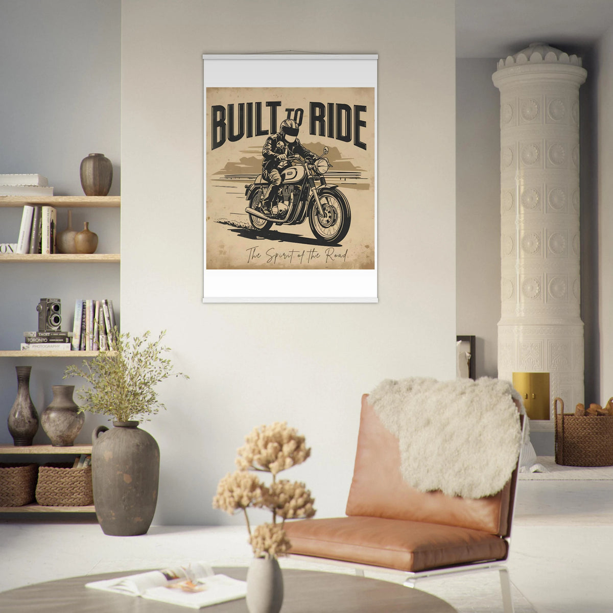 Vintage Motorrad-Poster in Sepia mit bold Schrift und Aufhänger